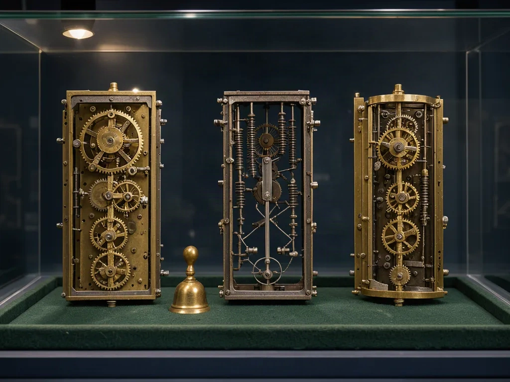 Vitrine de musée présentant des mouvements d'horloges démontés