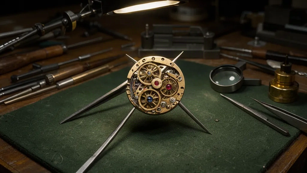 Mouvement de montre mécanique tenu à la pince sur un établi